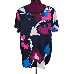 NEW NWT Women's DKNY Blue & Pink Floral Sequin Blouse | Size XL